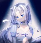  1girl animal_ears blue_eyes cat_ears choker crystal hair_ribbon highres long_hair looking_at_viewer original ribbon rinnimel shy simple_background spotlight white_hair 