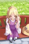  1girl blonde_hair bow brother_zi grass hat highres long_hair long_sleeves moriya_suwako outdoors purple_skirt purple_vest red_bow rope skirt smile solo touhou vest wide_sleeves yellow_eyes 