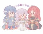  1girl 2boys black_cape blue_cape blue_eyes blue_hair brother_and_sister cape chibi circlet dress facial_mark fire_emblem fire_emblem:_genealogy_of_the_holy_war forehead_mark gloves headband highres holding_hands julia_(fire_emblem) julius_(fire_emblem) long_hair multiple_boys open_mouth ponytail purple_cape purple_hair red_eyes redhead sash seliph_(fire_emblem) sesese_3110 siblings simple_background smile violet_eyes white_headband wide_sleeves 