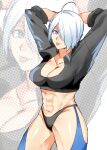  angel_(kof) crop_top cropped_jacket fingerless_gloves fuchina gloves hair_over_one_eye jacket leather leather_jacket midriff the_king_of_fighters the_king_of_fighters_xiv toned tongue tongue_out white_hair 