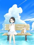  1girl azchipi bare_arms bare_legs bench black_eyes black_hair blue_background blue_sky cat clouds contrail cumulonimbus_cloud day dress eating food hair_ornament hairclip highres holding holding_food holding_popsicle looking_to_the_side original outdoors partially_submerged popsicle short_hair sitting sky solo white_dress yawning 