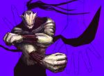  1boy arm_blade black_hair cursed_spirit_(jujutsu_kaisen) grin jujutsu_kaisen long_hair mahito_(jujutsu_kaisen) male_focus monster muscular no_eyes ponytail purple_background smile solo stitches weapon 