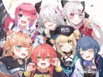  6+girls ahoge black_bow black_jacket black_necktie blonde_hair blue_eyes blue_hair blush bow braid double_bun earrings gradient_hair green_eyes grey_eyes grey_hair grin hair_between_eyes hair_bow hair_bun hair_ornament headphones headphones_around_neck heterochromia hood hoodie idios igarashi_rika igarashi_rika_(1st_costume) ishigami_nozomi jacket jewelry kaburaki_roco kaburaki_roco_(1st_costume) koshimizu_toru koshimizu_toru_(1st_costume) kuramochi_meruto kuramochi_meruto_(1st_costume) long_hair mole mole_under_eye mole_under_mouth multicolored_hair multiple_girls necktie nijisanji one_eye_closed pink_eyes pink_hair purple_hair redhead shishido_akari short_hair side_ponytail sidelocks smile sophia_valentine sophia_valentine_(1st_costume) star_(symbol) star_hair_ornament twin_braids v virtual_youtuber yuuka_(yuka_chan2525) 