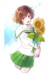  1girl :d akiyama_yukari brown_eyes brown_hair cropped_legs flower girls_und_panzer green_skirt highres holding holding_flower looking_at_viewer mimoe open_mouth sailor_collar school_uniform shirt short_hair short_sleeves simple_background skirt smile solo sunflower white_sailor_collar white_shirt 