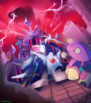  artist_name battle broken_pillar claws dialga highres lightning looking_at_another neckerchief open_mouth pokemon pokemon_(creature) pokemon_mystery_dungeon pokemon_mystery_dungeon:_explorers_of_time/darkness/sky primal_dialga red_eyes red_sky riolu skitty sky tail teeth vergolophus 