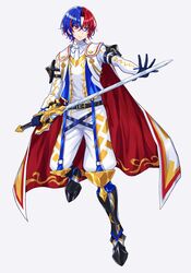  1boy alear_(fire_emblem) alear_(male)_(fire_emblem) belt black_belt blue_eyes blue_hair cape closed_mouth crossed_bangs fire_emblem fire_emblem_engage full_body gloves hair_between_eyes heterochromia highres holding holding_sword holding_weapon liberation_(fire_emblem) long_sleeves looking_down male_focus multicolored_hair red_eyes redhead shinae short_hair solo sword two-tone_hair weapon white_background 