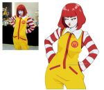  1girl aaron_schmit clown contrapposto cosplay cowboy_shot indoors logo mcdonald&#039;s photo-referenced red_lips redhead reference_inset ronald_mcdonald ronald_mcdonald_(cosplay) short_hair striped_sleeves watermark white_background 