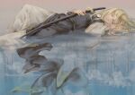  1boy black_robe blonde_hair blue_eyes chinese_clothes clouds different_reflection enki_(juuni_kokuki) feet_out_of_frame grey_background hanfu highres holding holding_sword holding_weapon juuni_kokuki knee_up long_hair long_sleeves looking_to_the_side lying male_focus on_back pants reflection reflective_water robe sad shuashu solo sword tassel water weapon white_pants 