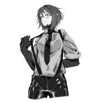  1girl android black_hair cyberpunk elster_(signalis) highres joints looking_at_viewer mechanical_parts metal_skin monochrome necktie robot_girl robot_joints shirt short_hair signalis solo suit 