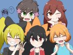 1boy 5girls :d :| ? alternate_costume anna_(crazy_galaxy) artist_request ashley_(warioware) black_hair blonde_hair blue_background blush bow brown_hair claudia_(crazy_galaxy) closed_eyes cocomin_(crazy_galaxy) crazy_galaxy glasses green_eyes hairband one_eye_closed open_mouth orange_eyes orange_hair ponytail red_eyes smile twintails vanessa_(crazy_galaxy) wario warioware