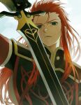  1boy asch_(tales) black_gloves black_tabard blue_sky clouds cloudy_sky commentary elbow_gloves gloves green_eyes hair_slicked_back hand_up high_collar highres holding holding_sword holding_weapon long_hair looking_at_viewer male_focus meba outdoors parted_lips redhead serious shoulder_pads sidelocks sky solo spiky_hair sword tabard tales_of_(series) tales_of_the_abyss upper_body weapon 