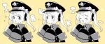  +_+ 1girl :&lt; :d ^_^ armband blue_archive blush bow character_name closed_eyes coat commentary_request expressions greyscale_with_colored_background hair_ribbon hat hat_bow highres ibuki_(blue_archive) kanohara_(63xmrr) looking_at_viewer military_uniform one_side_up open_mouth peaked_cap ribbon sidelocks simple_background sleeves_past_fingers sleeves_past_wrists smile solo_focus uniform upper_body yellow_background 