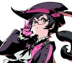 1girl black_hair buttons glasses gloves hat_feather long_sleeves neckerchief noge_tomoko official_art persona persona_5 persona_5:_the_phantom_x pink_gloves pink_shirt puffy_long_sleeves puffy_sleeves shirt twintails