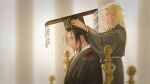 2boys black_hair black_robe blonde_hair blurry chin_strap chinese_clothes depth_of_field enki_(juuni_kokuki) from_side hand_up hanfu highres juuni_kokuki king king_en_(juuni_kokuki) long_hair long_sleeves looking_ahead male_focus mian_guan multiple_boys outstretched_arm profile putting_on_headwear robe ruen_(pixiv5872798) sash sitting standing throne updo violet_eyes wide_sleeves yaopei 