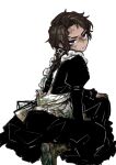  1boy anger_vein apron black_dress boots brown_hair dark-skinned_male dark_skin dirty dirty_clothes dirty_face dress frilled_apron frills heathcliff_(project_moon) highres limbus_company maid maid_apron project_moon shan23852196 simple_background solo violet_eyes white_background 
