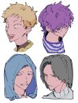 4boys bandana bandana_around_neck black_eyes black_hair blonde_hair blue_eyes collared_shirt commentary_request constricted_pupils cropped_head cropped_shoulders curtained_hair grin hacchi_(napoli_no_otokotachi) half-closed_eyes highres hood hood_up jack-o&#039;_ran-tan light_frown looking_at_viewer male_focus multiple_boys naotin3333 napoli_no_otokotachi purple_hair purple_shirt shirt short_hair shu3_(napoli_no_otokotachi) simple_background smile striped_clothes striped_shirt sugiru_(napoli_no_otokotachi) sweat sweater tareme turtleneck turtleneck_sweater v-shaped_eyebrows violet_eyes white_background white_sweater yellow_bandana yellow_eyes