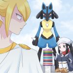  1boy 1girl akari_(pokemon) black_eyes blonde_hair commentary_request day grey_eyes hat head_scarf highres hinotogi long_hair looking_back lucario official_alternate_costume official_alternate_hairstyle outdoors pokemon pokemon_(creature) pokemon_legends:_arceus red_eyes red_scarf scarf short_hair spoilers squatting stacking stone_tablet sweat volo_(pokemon) 