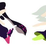 2girls animated animated_gif black_hair callie_(splatoon) cousins dress english_text fang gloves green_pantyhose grey_hair inkling marie_(splatoon) official_art open_mouth pink_pantyhose pose splatoon_(series) splatoon_1 text twintails white_background