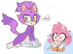  2girls amy_rose animal_ears blaze_the_cat cat_ears cat_girl cat_tail forehead_jewel fur-trimmed_gloves fur_trim furry furry_female gloves heart hedgehog_girl highres jacket multiple_girls pants pink_fur ponytail purple_fur purple_jacket remimun sonic_(series) sweatdrop tail white_background white_gloves white_pants yellow_eyes 