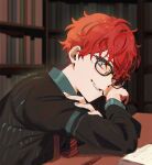  1boy black-framed_eyewear blue_eyes blush bookshelf commentary_request crossed_arms dated_commentary ensemble_stars! from_side glasses grin highres indoors library looking_at_viewer male_focus mayuakakun redhead short_hair smile solo table undercut upper_body wooden_table yuuki_makoto_(ensemble_stars!) 