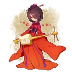  1girl bachi black_hair brown_eyes fingernails full_body hair_ornament hair_over_one_eye holding holding_instrument holding_plectrum instrument japanese_clothes kimono kiri_futoshi looking_at_viewer murasaki_(pop&#039;n_music) outline plectrum pop&#039;n_music red_kimono shamisen short_hair solo white_outline wide_sleeves 