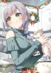  1girl absurdres alternate_costume belt black_belt blurry blurry_background blush bokeh braid breasts cake christmas christmas_wreath closed_mouth commentary depth_of_field food furrowed_brow green_eyes green_shirt grey_hair hair_over_shoulder highres holding hololive indoors kitchen lanyard large_breasts long_sleeves medium_hair pout shirogane_noel shirt side_braid single_braid solo tang-du turtleneck upper_body v-shaped_eyebrows virtual_youtuber wreath 