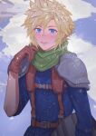 1boy armor blonde_hair blue_eyes blue_shirt blue_sky blush brown_gloves carrying carrying_under_arm chest_strap cloud_strife clouds cloudy_sky commentary_request crisis_core_final_fantasy_vii day final_fantasy final_fantasy_vii gloves green_scarf helmet highres hityandayo leather_belt male_focus official_alternate_costume open_mouth outdoors pauldrons scarf shinra_infantry_uniform shirt short_hair shoulder_armor sky sleeves_rolled_up smile snow solo spiky_hair suspenders unworn_headwear unworn_helmet upper_body 