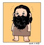 1boy 2024 alternate_race arms_at_sides barefoot beard black_hair blush covered_mouth dated dungeon_meshi facial_hair full_body grey_robe hair_slicked_back halfling long_beard looking_at_viewer male_focus no_headwear nose_blush nrnkncj robe senshi_(dungeon_meshi) simple_background sleeveless solo yellow_background