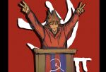  1boy arms_up black_eyes brown_hair closed_mouth commentary dora_(dorrra05) double_v drop_shadow eddsworld flipped_hair half-closed_eyes hammer_and_sickle highres hood hood_down hoodie lectern long_sleeves looking_at_viewer male_focus medium_hair pillarboxed red_background red_hoodie smirk solo spiky_hair symbol-only_commentary tord_(eddsworld) upper_body v victory_pose 