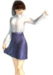  1girl absurdres blue_skirt brown_hair collared_shirt commentary_request cowboy_shot doya_(doya_oekaki) highres long_hair long_sleeves original ponytail school_uniform shirt simple_background skirt skirt_hold solo standing white_background white_shirt 