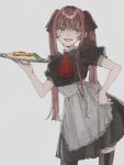  1girl apron black_dress black_ribbon black_thighhighs dress food garnish hair_ribbon hand_on_own_hip ketchup maid minoshima_ayaka omelet omurice open_mouth original puffy_short_sleeves puffy_sleeves redhead ribbon short_sleeves slit_pupils solo teeth thigh-highs tray twintails waist_apron 