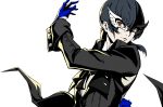  1boy belt black_belt black_bow black_bowtie black_hair black_jacket black_pants blue_gloves bow bowtie brown_eyes domino_mask gloves highres jacket mask official_art pants persona persona_5 persona_5:_the_phantom_x shiratori_seiji white_mask 