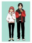  1boy 1girl black_eyes black_footwear black_hair black_jacket black_pants black_shirt blue_background blue_eyes bubble_tea casual cellphone contemporary cup disposable_cup drawstring drinking drinking_straw drinking_straw_in_mouth full_body hair_over_shoulder hand_in_pocket hand_up height_difference holding holding_cup holding_phone hood hoodie jacket juuni_kokuki kayori_(omochi) long_hair looking_at_phone multicolored_clothes multicolored_jacket nakajima_youko pants parted_lips phone ponytail rakushun_(juuni_kokuki) red_jacket redhead shirt shoes short_hair side-by-side sideways_glance simple_background standing two-tone_jacket white_footwear white_hoodie 