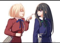  2girls arms_at_sides belt black_hair blonde_hair blue_belt blue_dress blue_ribbon bob_cut closed_eyes collared_shirt commentary_request cowboy_shot dress expressionless facing_another food food_in_mouth green_ribbon grey_dress hands_up highres holding holding_food holding_pocky inoue_takina kage_ochi long_hair long_sleeves looking_at_another lycoris_recoil lycoris_uniform multiple_girls neck_ribbon nishikigi_chisato open_mouth pleated_dress pocky pocky_in_mouth red_dress ribbon shirt short_hair simple_background smile standing two-tone_dress violet_eyes white_background white_shirt 