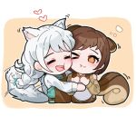  2girls :t animal_ears apron bang_dream! braid brown_hair cheek-to-cheek chibi closed_eyes dog_ears dog_tail grey_hair hazawa_tsugumi heads_together heart hug kemonomimi_mode long_hair mnemo_(mnemorikriyairo) multiple_girls one_eye_closed short_hair squirrel_ears squirrel_tail tail tail_wagging twin_braids upper_body wakamiya_eve 