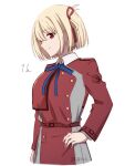  1girl belt blonde_hair blue_ribbon bob_cut closed_mouth collared_shirt commentary_request cowboy_shot dress grey_dress hair_ribbon hand_on_own_hip highres kage_ochi long_sleeves lycoris_recoil lycoris_uniform neck_ribbon nishikigi_chisato pleated_dress profile red_belt red_dress red_eyes red_ribbon ribbon shirt short_hair simple_background smile solo standing two-tone_dress white_background white_shirt 
