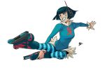  1girl bis_(jsr) black_hair blue_dress blue_lips blue_pantyhose breasts brown_eyes dress full_body fur-trimmed_dress fur_trim headset inline_skates jet_set_radio jumping mx._moz pantyhose roller_skates short_hair signature skates small_breasts solo striped_clothes striped_pantyhose 