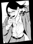  1girl bags_under_eyes between_fingers cigarette commentary_request cowboy_shot dress_pants dress_shirt empty_eyes floating_hair glasses greyscale hand_on_own_neck hand_up highres holding holding_cigarette jacket jimoto_saikou long_hair long_sleeves looking_to_the_side monochrome nara-san_(jimoto_saikou) open_clothes open_jacket paguraisu shirt shirt_tucked_in simple_background smile solo suit_jacket uneven_eyes veins 