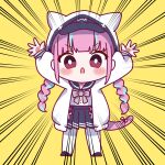  1girl animal_hood arms_up baseball_cap black_footwear blue_hair blue_headwear blue_sailor_collar blunt_bangs blush_stickers bow bowtie braid cat_girl cat_hood chibi emphasis_lines fanged_bangs frilled_sailor_collar frills grey_bow grey_bowtie hat hat_under_hood highres hololive hood hooded_jacket jacket long_hair long_sleeves looking_at_viewer minato_aqua minato_aqua_(sailor) miya_(1mymiya) multicolored_hair official_alternate_costume official_alternate_hairstyle open_clothes open_jacket open_mouth pantyhose purple_hair sailor_collar sailor_shirt school_uniform serafuku shirt solo streaked_hair triangle_mouth twin_braids twintails two-tone_hair violet_eyes virtual_youtuber white_jacket white_pantyhose white_shirt yellow_background 