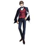  1boy artist_request belt black_bow black_bowtie black_jacket black_pants blazer bow bowtie brown_footwear brown_hair buttons closed_mouth collared_shirt crossover dress_shoes dried_squid facing_viewer food_in_pocket full_body girls_frontline jacket jacket_on_shoulders long_sleeves male_focus official_art pants red_vest shirt short_hair simple_background smile solo standing sunglasses tatsumi_koutarou third-party_source transparent_background vest white_shirt zombie_land_saga 