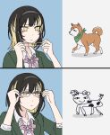  1girl black_hair blonde_hair blush doodles glasses holding holding_removed_eyewear idolmaster idolmaster_shiny_colors ikaruga_luca looking_ahead loose_neck_ribbon mamemaru_(shiny_colors) mekaika22 meme multicolored_hair open_collar pink_ribbon ribbon school_uniform shiba_inu shirt streaked_hair unworn_eyewear upper_body white-framed_eyewear white_shirt 