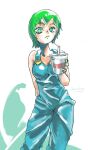  1girl aqua_overalls arm_behind_back bendy_straw bright_pupils cowboy_shot cup drinking_straw foo_fighters_(jojo) green_eyes green_hair green_lips highres holding holding_cup jojo_no_kimyou_na_bouken looking_at_viewer shadow shioshio_(betabetarimocon) short_hair solo stone_ocean white_pupils 