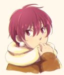  1girl alfreed_(arslan_senki) arslan_senki brown_sweater contemporary covered_mouth earrings hair_between_eyes hand_up jewelry kayori_(omochi) long_sleeves pom_pom_(clothes) pom_pom_earrings portrait red_eyes redhead scarf short_hair simple_background solo sweater white_background white_scarf winter_clothes 