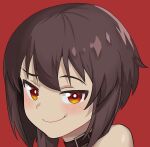  1girl absurdres brown_hair closed_mouth collar highres kono_subarashii_sekai_ni_shukufuku_wo! light_blush lyourika megumin red_background red_eyes simple_background smug solo upper_body 