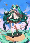  1girl bare_legs bare_shoulders black_footwear black_skirt blue_eyes blue_hair blue_ribbon blue_sky closed_mouth clouds day detached_sleeves floating_hair floating_hair_ornament flower full_body hair_flower hair_ornament hair_ribbon hand_up hatsune_miku highres layered_skirt legs_apart long_bangs long_hair long_sleeves looking_at_viewer low-braided_long_hair magical_mirai_(vocaloid) magical_mirai_miku magical_mirai_miku_(2021) neck_ribbon neonneon321 open_hand outdoors pleated_skirt red_ribbon ribbon shadow shirt shoes sidelocks skirt sky sleeveless sleeveless_shirt smile socks solo standing twintails very_long_hair vocaloid white_flower white_shirt white_sleeves white_socks 
