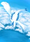  above_clouds animal_focus black_eyes blue_background blue_sky blue_theme butter_(oshi8kyoumoh) clouds commentary_request day flying from_above full_body highres lugia monochrome no_humans outdoors pokemon pokemon_(creature) sky solo 