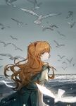  1girl bird blue_eyes clouds cloudy_sky day landscape long_hair neon_genesis_evangelion ocean orange_hair outdoors seabird seagull short_sleeves signature sky souryuu_asuka_langley standing user_ppsz4555 water waves 