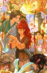  2boys 2girls absurdres animal_lantern basket black_hair blue_eyes blurry brown_hair carp child chinese_clothes depth_of_field flower hair_rings hands_up hanfu headband highres holding holding_basket holding_flower juuni_kokuki lantern layered_sleeves long_hair long_sleeves looking_at_another looking_back looking_up mid-autumn_festival multiple_boys multiple_girls nakajima_youko open_mouth paper_lantern rabbit rakushun_(juuni_kokuki) redhead shopping short_hair short_over_long_sleeves short_sleeves sidelocks smile tassel updo very_long_hair weapon weapon_bag weapon_on_back yaopei yi_(199702090505) 