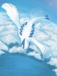  above_clouds animal_focus black_eyes blue_background blue_sky blue_theme butter_(oshi8kyoumoh) clouds commentary_request day flying from_above full_body highres lens_flare lugia monochrome no_humans outdoors partial_commentary pokemon pokemon_(creature) sky solo 