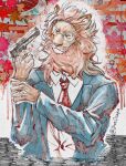  1boy animal_ears beastars blue_suit english_commentary furry furry_male glasses gun holding holding_gun holding_own_arm holding_weapon ibuki_(beastars) jozeosaka lion_boy lion_ears lion_mane male_focus necktie red_necktie shirt suit twitter_username upper_body weapon whiskers white_shirt 